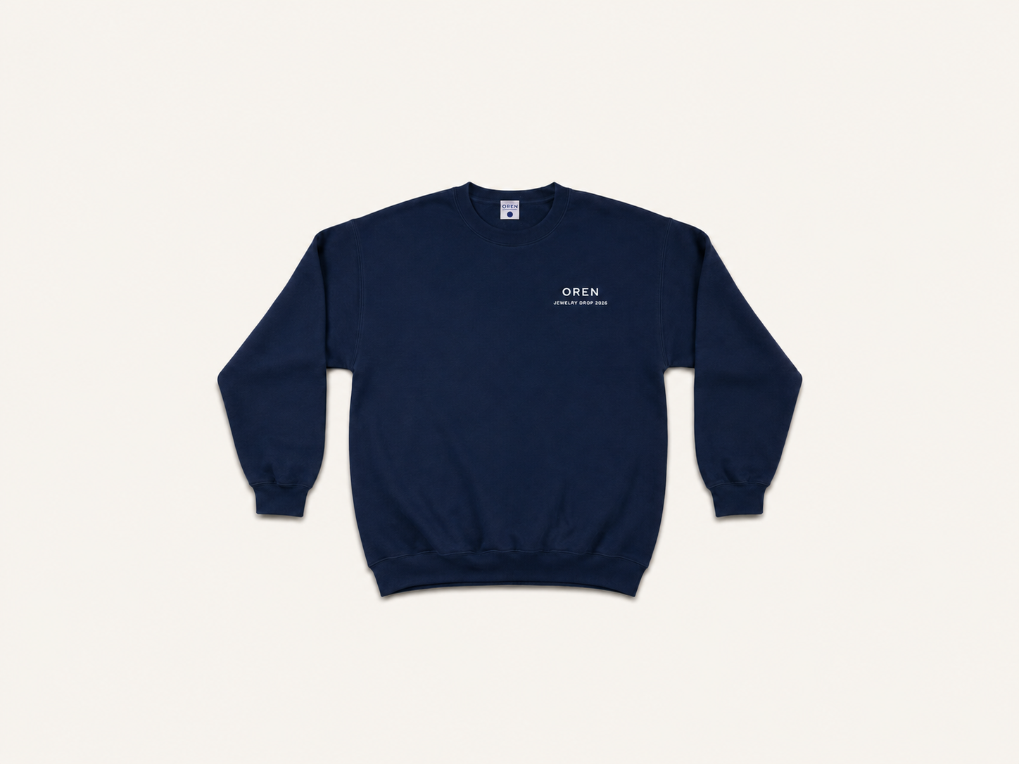 OREN Stamp Sweater in navy, heavyweight cotton crewneck — front view