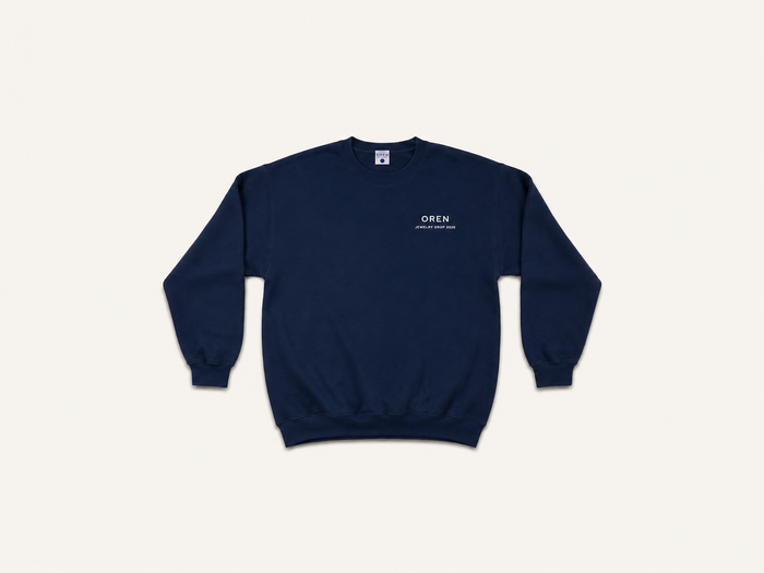OREN Stamp Sweater in navy, heavyweight cotton crewneck — front view